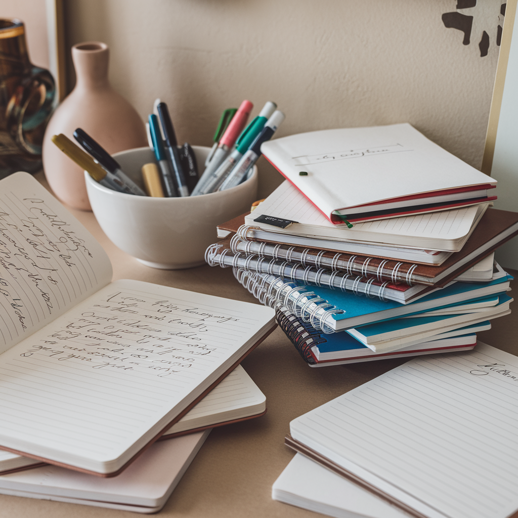 Notebooks with pot of pens